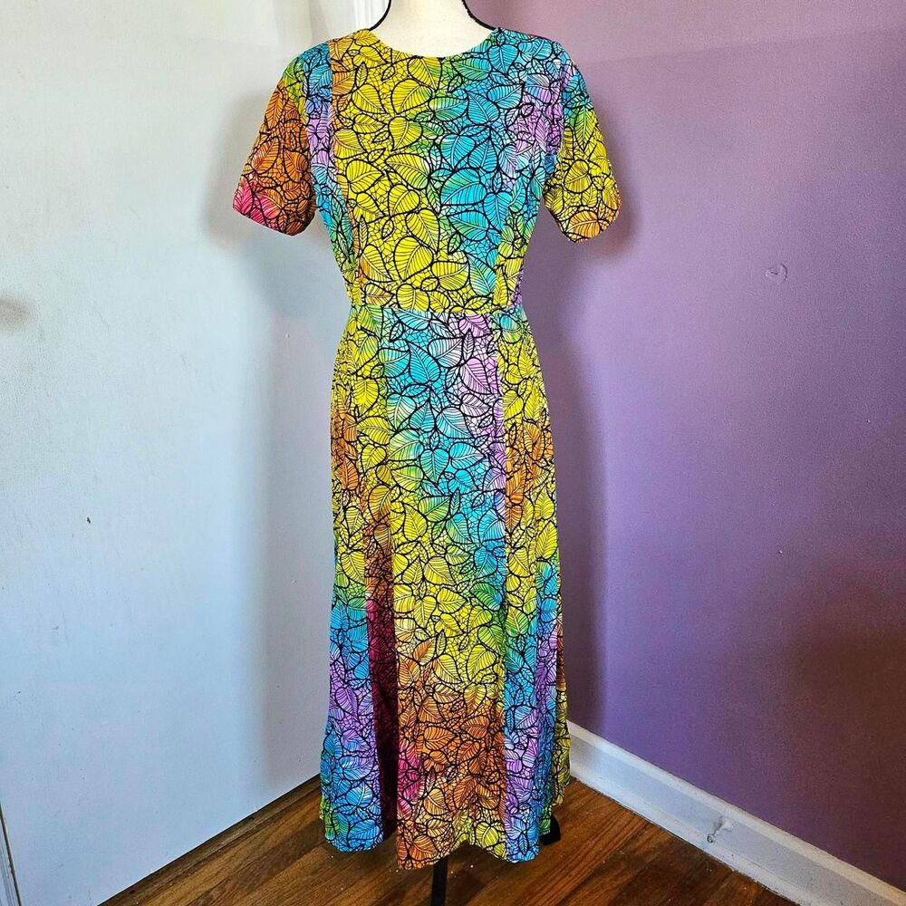 Homemade Rainbow Tie Dye Leaf Print Cottagecore Prairie Hippie Boho Maxi Dress